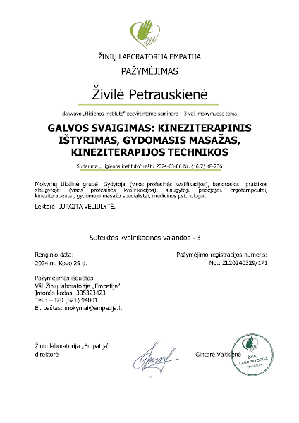 galvos svaigimas kineziterapinis istyrimas gydomasis masazas