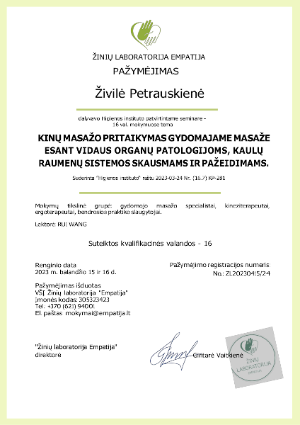 kinu masazo pritaikymas gydomajame masaze esant vidaus organu patologijoms